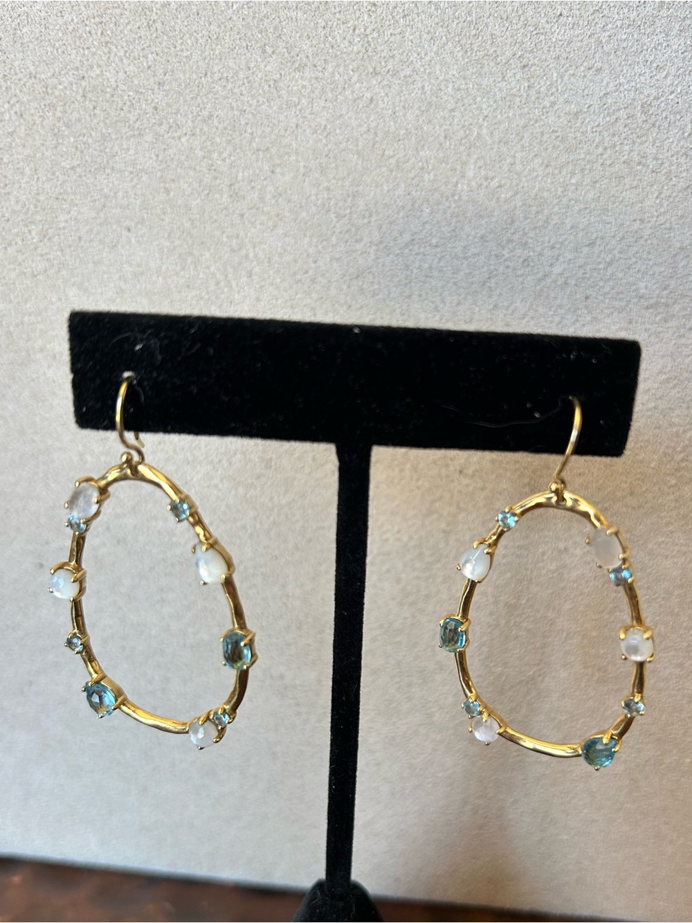 Ippolita 18k Gold Rock Candy large Earrings with Blue topaz and Rock crystal gem